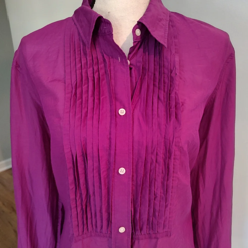 Lauren Ralph Lauren Magenta Pintuck Cotton Silk Blend Button Down Size 16 - Picture 3 of 9